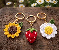 Handmade Crochet Keychain 3 Pcs Set Sunflower Strawberry Daisy Bag Charm gift