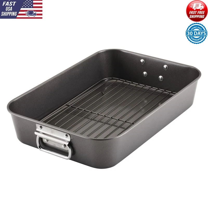 Nonstick Steel Roaster Pan W/ Removable Rack Roasting Meats Vegetables New