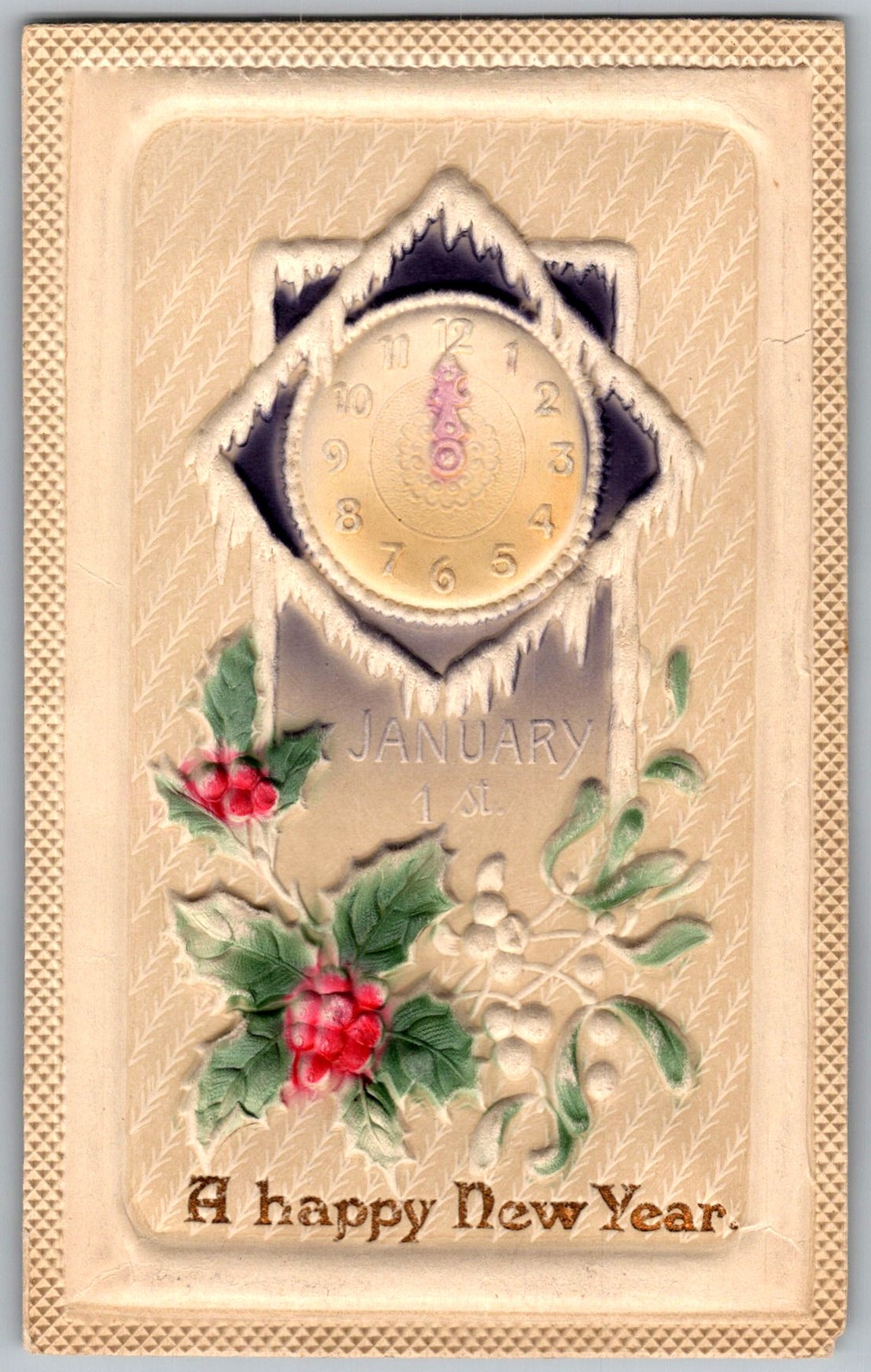 Antique Postcard New Year Embossed Clock 1910s