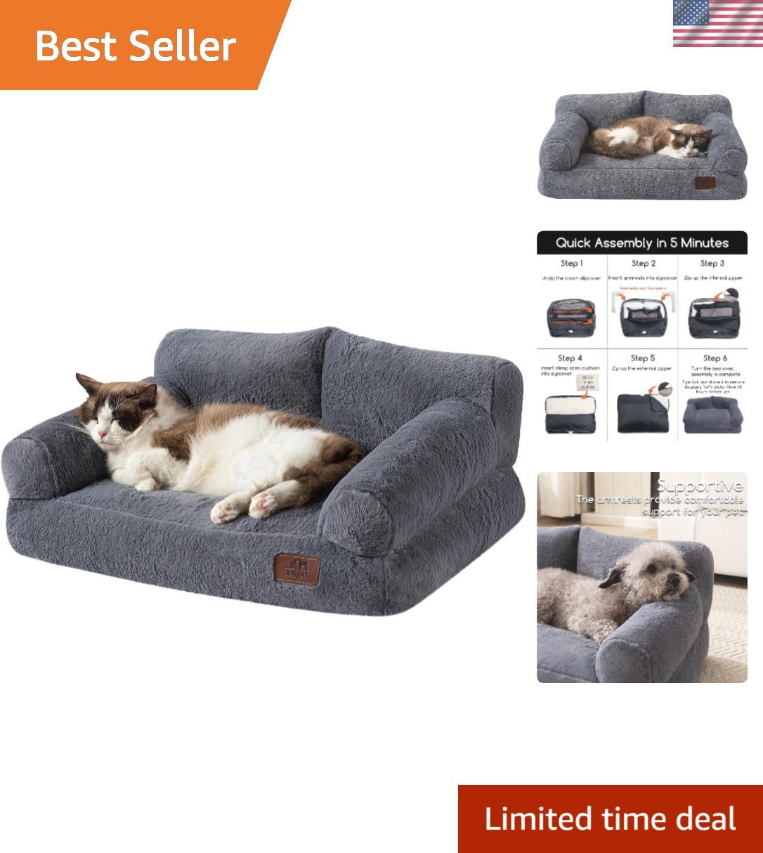 Luxurious Gray Pet Bed Couch for Small Dogs and Cats - 24x18, Machine Washable
