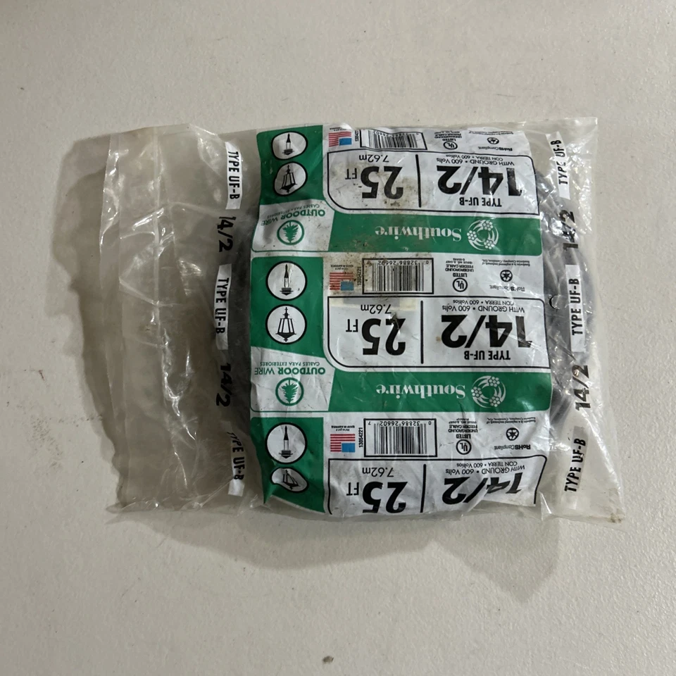 Alambre de cobre para exteriores Southwire tipo UF-B 14/2 con tierra 25 pies 600 voltios nuevo EE. UU. Foto 3 de 4