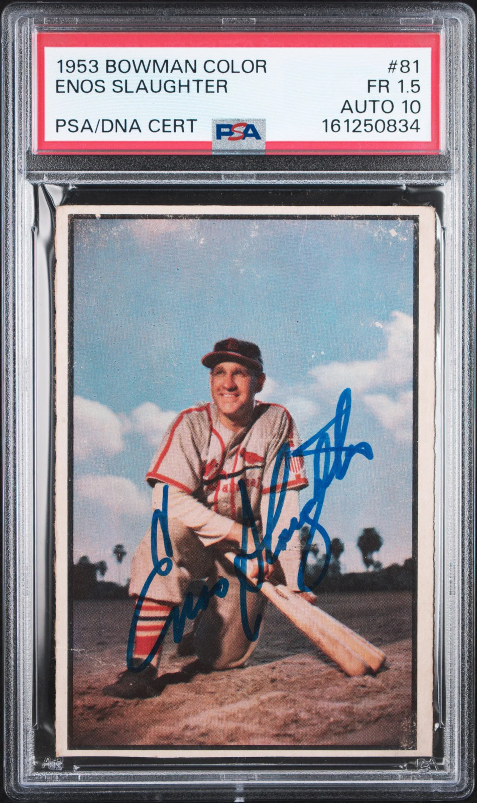 1953 Bowman Color Enos Slaughter #81 PSA 1.5 Auto 10