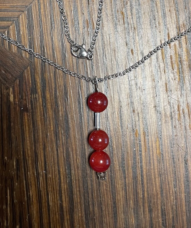 8mm Ruby Beads(3) On Sterling Pin W/ Butterfly Pendant 18”