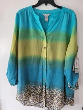 New Multiples Women's Long sleeve Multicolor button down shirt/Blouse Sz L. 