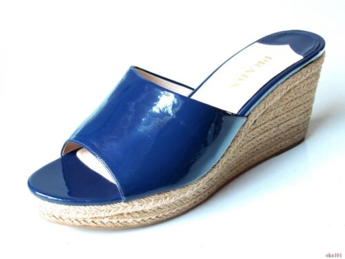 PRADA navy blue patent leather 41.5 11.5  open-toe raffia WEDGES shoes new - Afbeelding 1 van 3