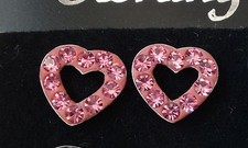 Sterling Silver 10x11mm Small Cute Pink Crystals Open Heart Stud Earrings