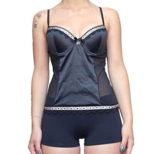 Vintage Black Satin Corset Top Laura Biagotti Lingerie Sexy 34B Size S Mesh Sexy