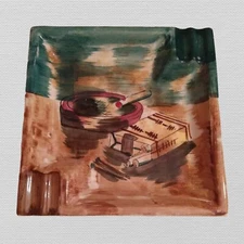1970's Ashtray Ceramic Handpainted Shows Ashtray Cigarettes Matches Retro