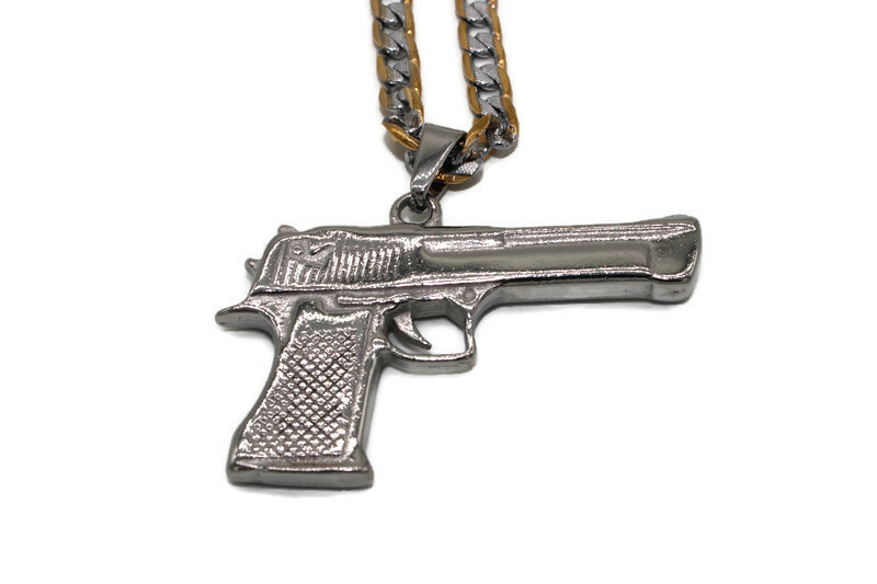 Pistola Arma Medalla con Cadena Dos Tonos Acero Inoxidable Dije