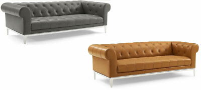 Chesterfield Sofa Genuine Top Grain Soft Gray or Tan Leather Diamond Tufted