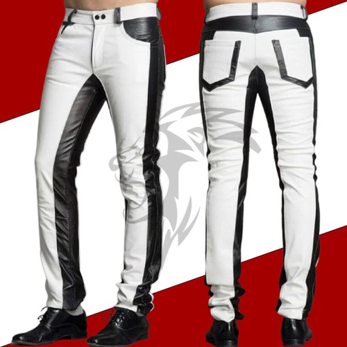 Men's White & Black Leather Pants Slim Fit Leather Trousers Causal Pant eBay