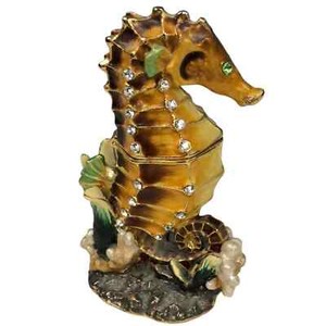 Hinged Seahorse Enamel and Rhinestone Accent 3.5” Trinket Box gold bling