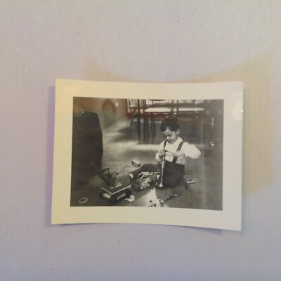Vintage B&W Photograph Young Boy Plays with Baufix Building Toys Crane on Floor