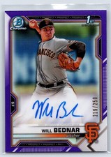 2021 Bowman Draft Chrome Pick Purple Refractor /250 Will Bednar #CDA-WB Auto