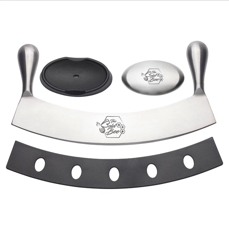 The Bold Bee 12” Stainless Mezzaluna Blade w/ Black Cover And Stainless Soap