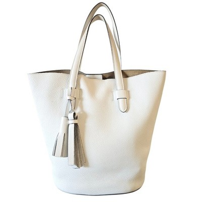 Max Mara White Pebbled Leather Tassel Tote Bag Removable Pockets