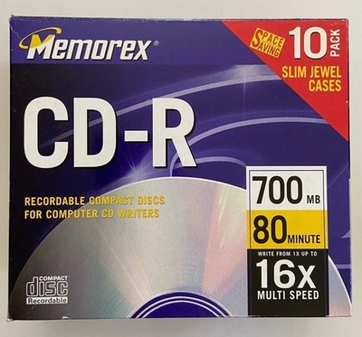 10 Pack Memorex CD-R Discs 700mb/80min 40x W/slim Jewel Cases New SEALED