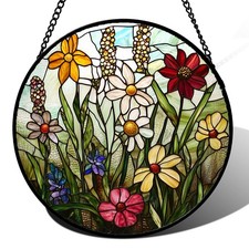 Stained Glass Window Hanging, Colorful Wildflowers Plant Scenery Suncatcher f...