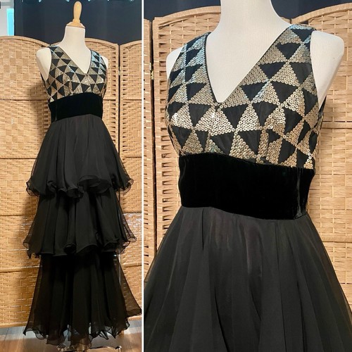 VTG 60s Black Sequin Maxi Dress Gown Velvet Waist Lettuce Hem Tiered Ruffle Med - Picture 1 of 22