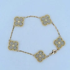 Estate 10K Gold Clover Station Bracelet 6.5” Pavé Floral Vintage Style 8.9g