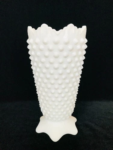 Vintage Fenton Hobnail Milk Glass Crown-Edge Footed Vase #3926