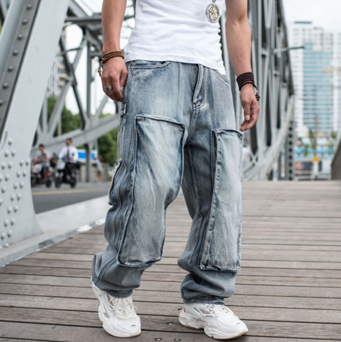 Men's Hip Hop Baggy Loose Fit Jeans Pants Skateboard Denim Trousers Wide Leg New - Picture 1 of 8