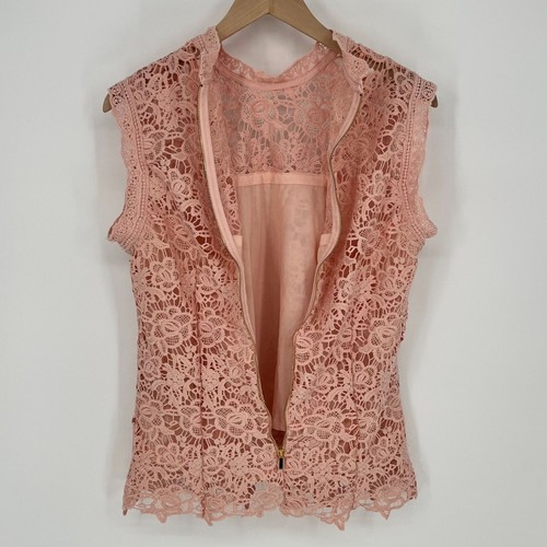 Nanette Lepore Womens Lace Sleeveless Top Size L Pink Floral Mock Neck Back Zip - Picture 3 of 11