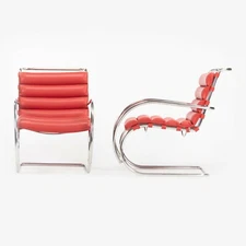 C. 2006 Mies Van Der Rohe for Knoll Studio Red Leather MR EO7M Lounge Arm Chairs