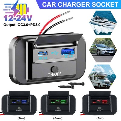 12-24V Dual USB PD QC3.0 Car Boat RV Fast Charger Socket LED Power Outlet