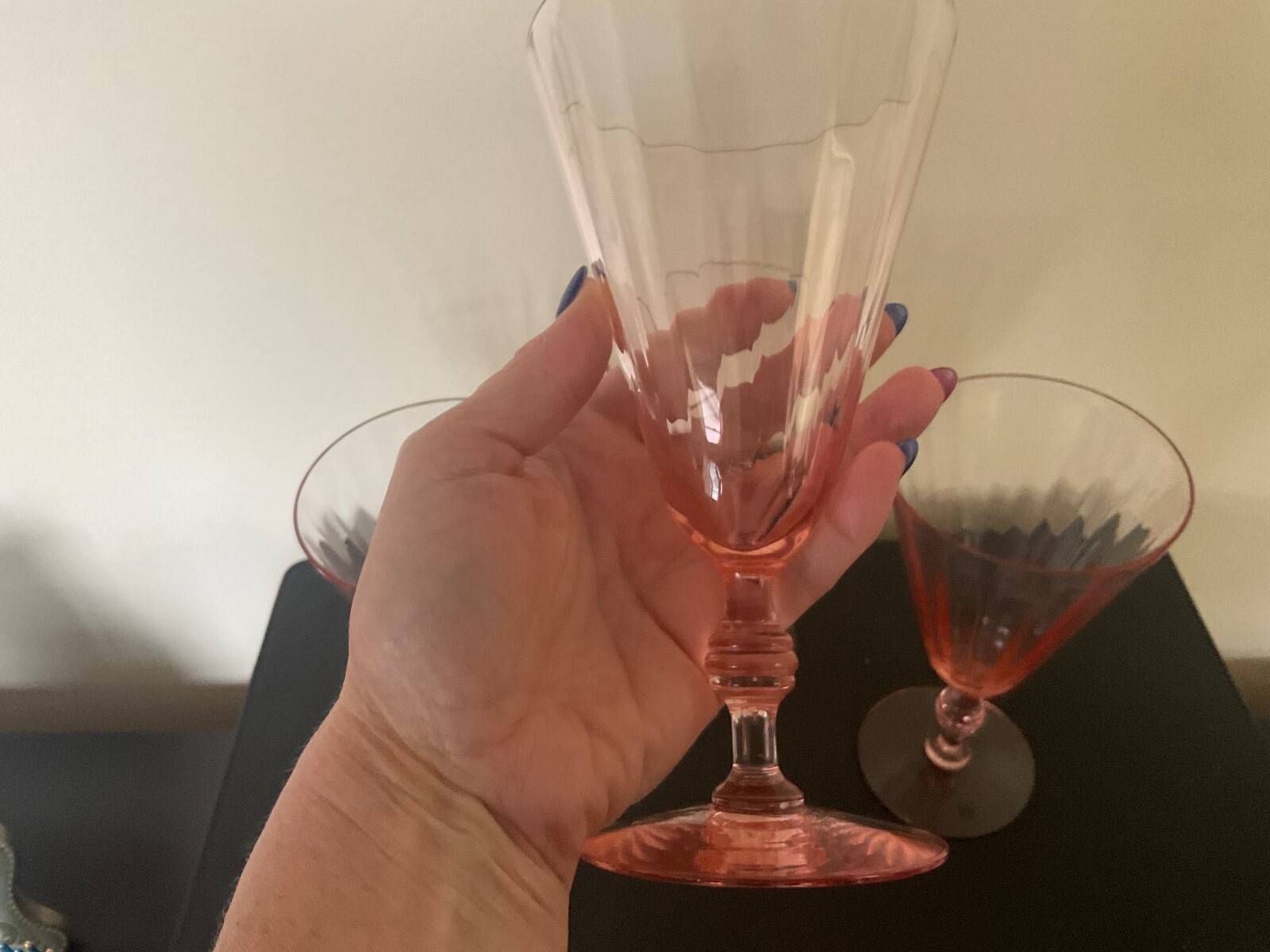 4 Water Goblets glasses 6-5/8",  Fry co. Fry17-10 Pink Diamond Optic stem 17
