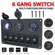 6 Gang Rocker Switch Panel Circuit Breaker LED Waterproof for RV Car Boat Marine