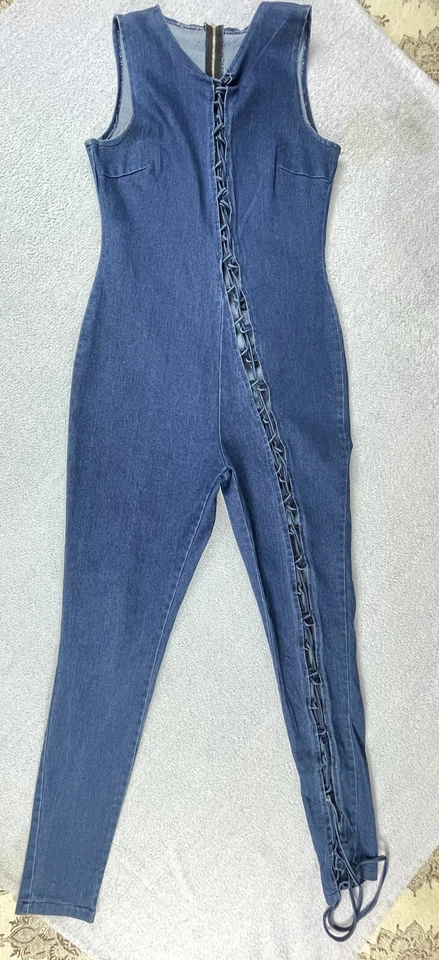 Body/Mono con cordones para mujer talla pequeña azul denim sin mangas cuello redondo Y2K Foto 3 de 4