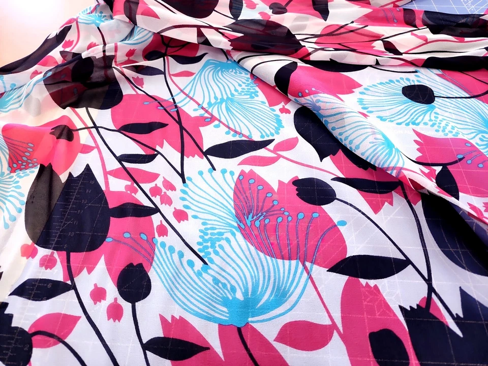 Silk Chiffon Tulip Flowers Print Pink Abstract Lightweight Japanese By the Yard - Image 3 of 4