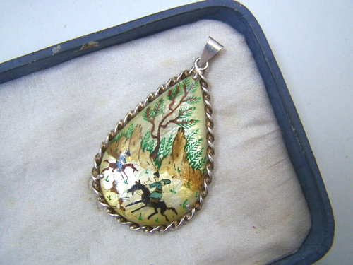 VINTAGE MIDDLE EASTERN PERSIAN PAINTED 925 SOLID STERLING SILVER PENDANT NOCHAIN - Picture 6 of 8