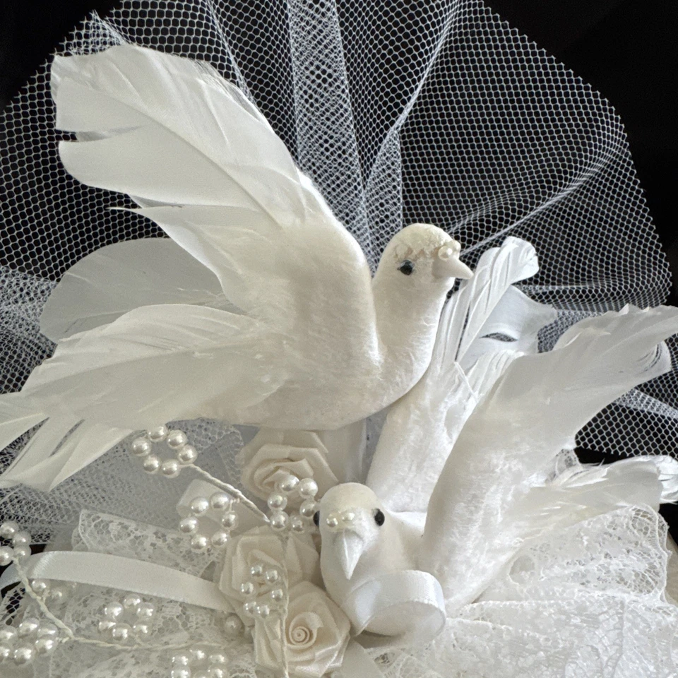 NIB Hallmark PAIR White Feather Love Doves On Pearl Lace Wedding Cake Topper - Image 2 of 4