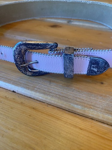 Vintage Pink Western Belt 34” Italy Silver Engraved Buckle Cowgirl Rodeo Y2K