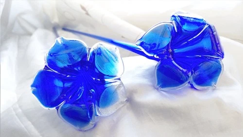 Murano style Hand Blown Blue Trumpet Glass Flowers 19" Stem Vintage Set of 2