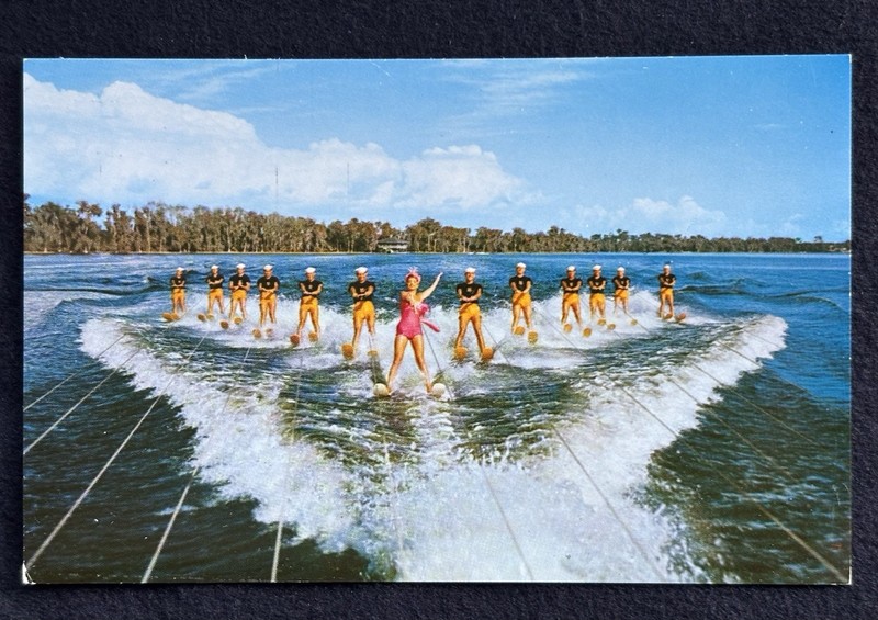 Cypress Gardens, FL Water Skiers Esther Williams Topographical Postcard 1950s