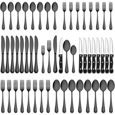48-Piece Black Flatware Set with Steak Knives, Stainless Steel Silverware Cut...