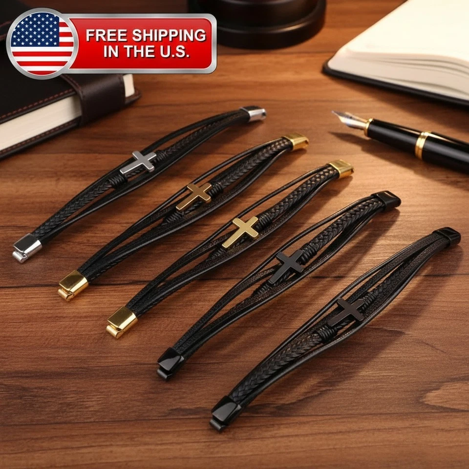 Men's Cross Braided Bracelet Leather Cuff Bracelet Bangle Magnetic Clasp - Image 2 of 3