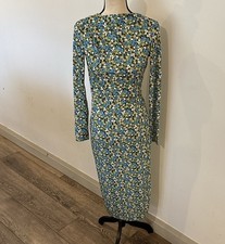 Zara Blue and Green Floral Long Sleeve Bodycon Dress Small Open Back