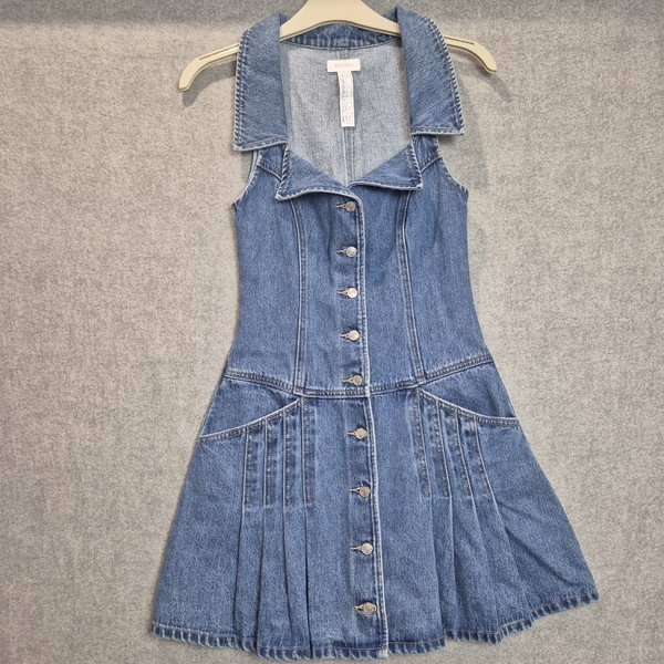 Meshki blue denim halter mini dress collared V-neckline pleated Small cotton O25