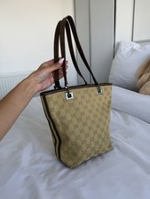 GUCCI GG Canvas Leather Tote Bag Hardware Brown Small Handbag 