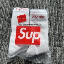 Supreme x Hanes White Crew Socks 4 Pack Cushioned Streetwear Size 6-12 New