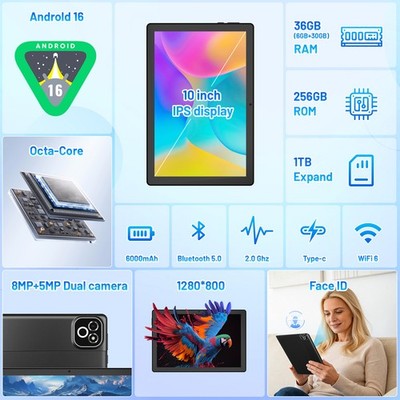 NEW Android 16 10 inch Tablet 36(6+30)GB RAM +256GB ROM Octa-core 6000mAh Wifi 6