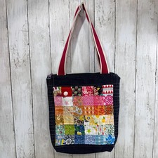 Colorful Patchwork Zippered Closure Tote Bag, Denim Accent