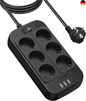 Power Strip Surge Protection 6 Way,  Multiple Socket 3680 W 16 A with 3 USB A an