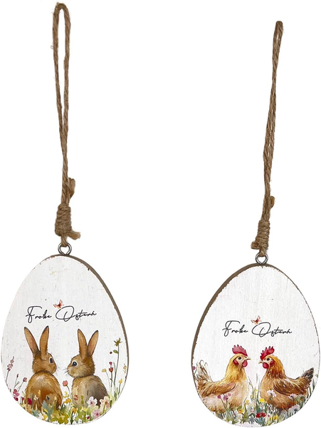 Holz-Eier 2Er-Set „Frohe Ostern“ Zum HäNgen – Je Ca. 9 X 6,5 Cm – Weiß Coloriert-image