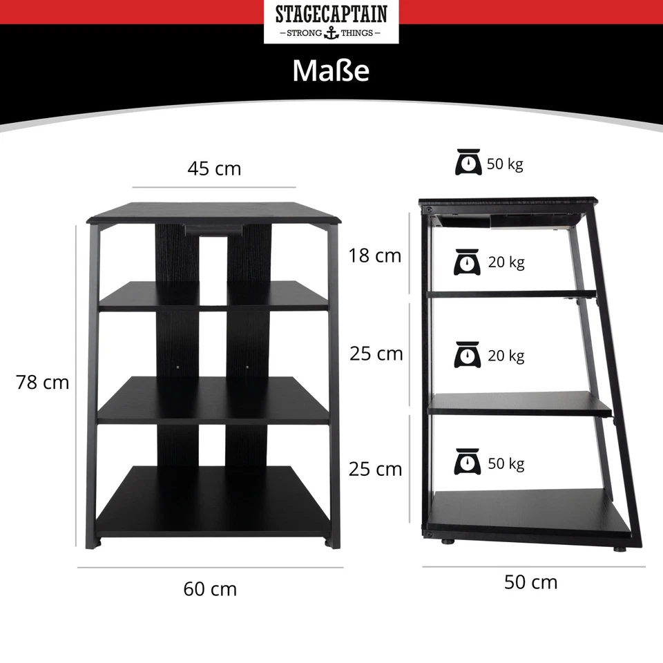 Audio Rack HiFi Regal 4 Ebenen Esche Schwarz Stahl Verstärker Plattenspieler - Bild 3 von 4