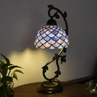 Vintage Tiffany Style Table Lamp Stained Glass Blue Purple Dome Shade with An...